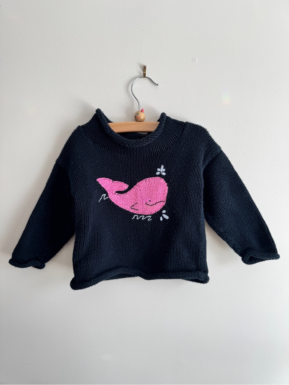 Black Knit Sweater with Pink Whale Graphic